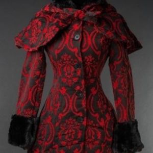 Red Brocade Winter Coat With Fleece Lining Fur